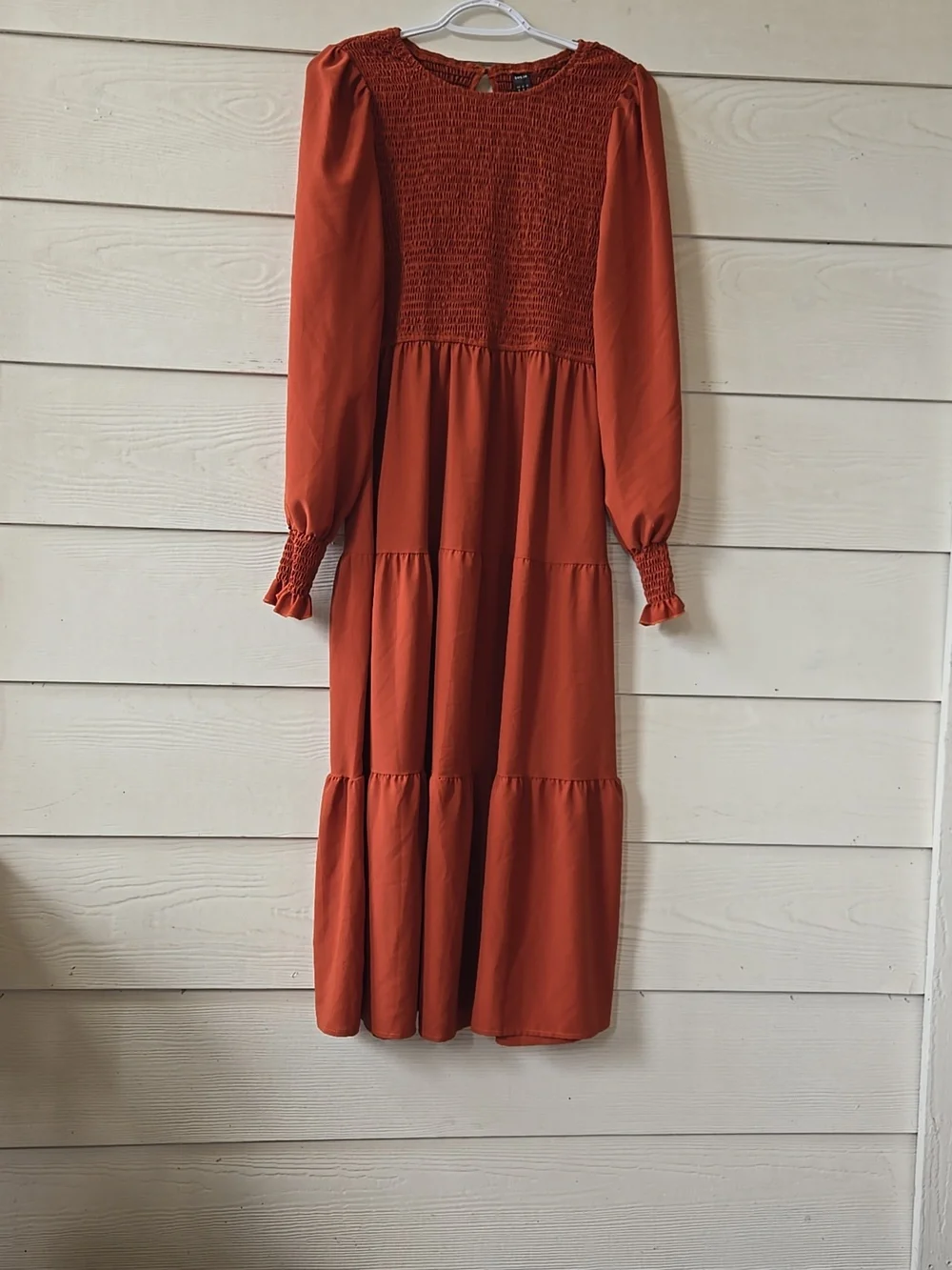 SHEIN Rust Smocked Long-Sleeve Tiered Maxi Dress - Picture 3 of 9